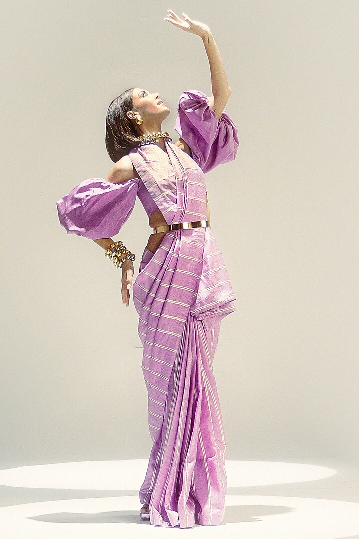 Lilac Silk Stripe Handwoven Party Wear Saree Set by Ekaya at Pernia's Pop Up Shop