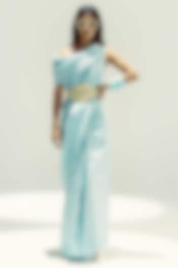 Powder Blue & Vanilla Silk Stripe Handwoven Wedding Saree Set by Ekaya at Pernia's Pop Up Shop