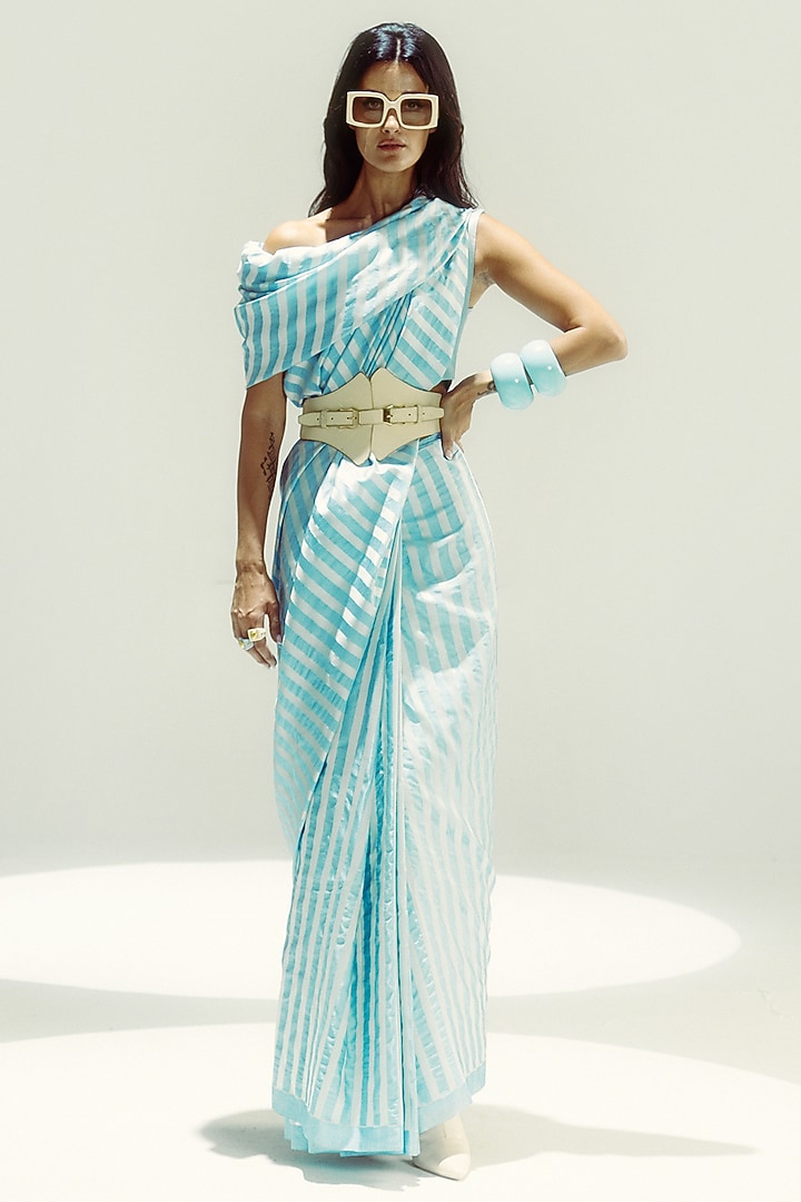 Powder Blue & Vanilla Silk Stripe Handwoven Wedding Saree Set by Ekaya at Pernia's Pop Up Shop