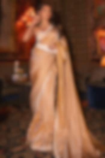 Ochre & Vanilla Silk Stripe Handwoven Saree Set by Ekaya at Pernia's Pop Up Shop