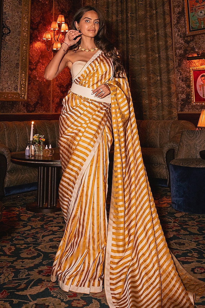 Ochre & Vanilla Silk Stripe Handwoven Saree Set by Ekaya at Pernia's Pop Up Shop