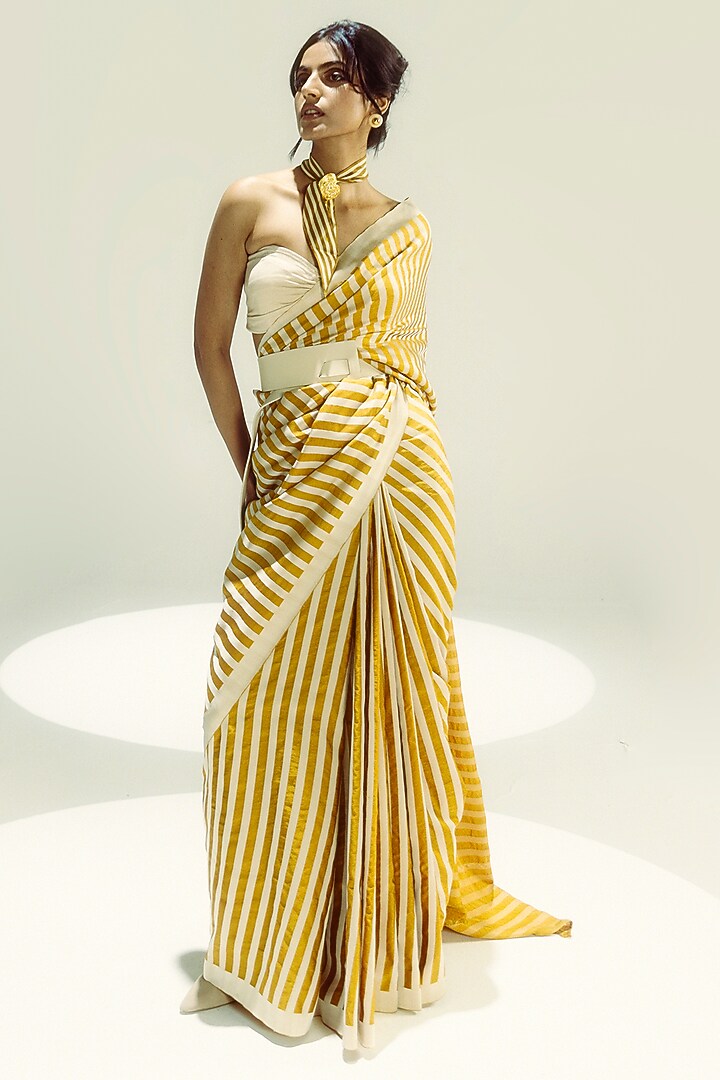 Ochre & Vanilla Silk Stripe Handwoven Wedding Saree Set by Ekaya at Pernia's Pop Up Shop