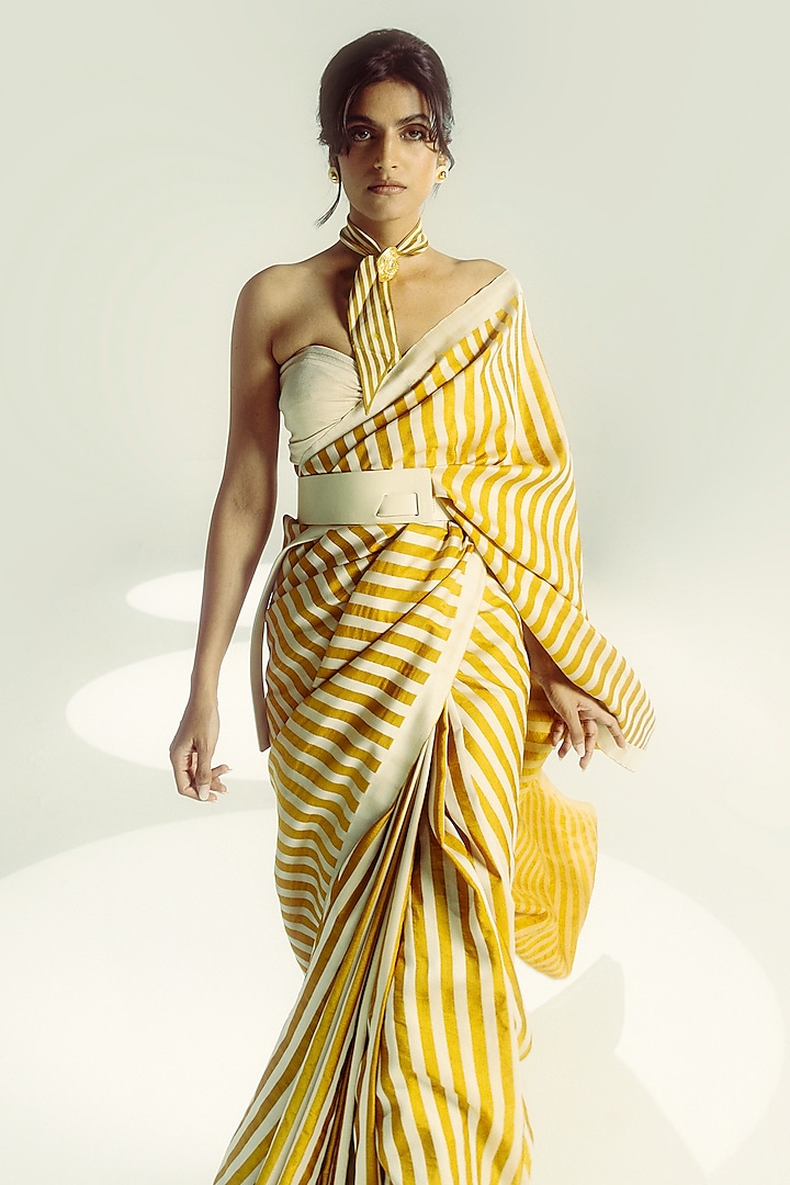 Ochre & Vanilla Silk Stripe Handwoven Wedding Saree Set by Ekaya at Pernia's Pop Up Shop