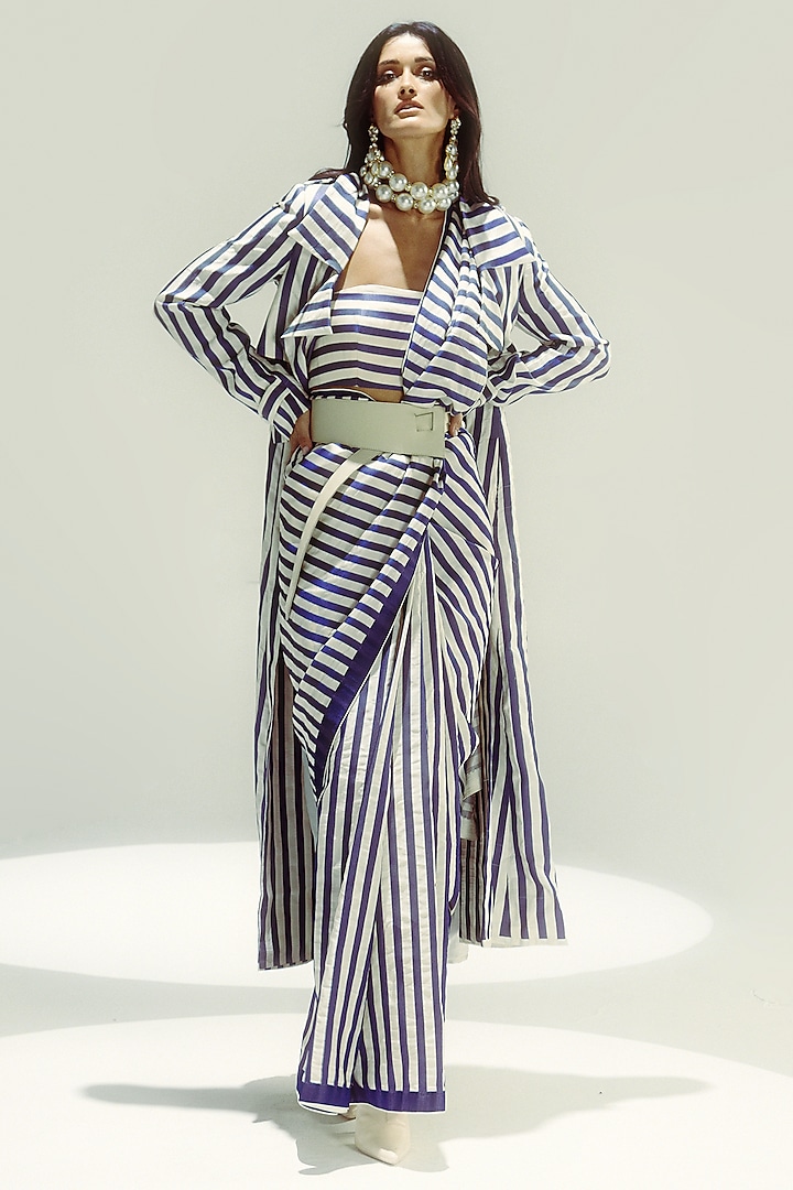 Navy Blue & Vanilla Silk Stripe Handwoven Saree Set by Ekaya at Pernia's Pop Up Shop