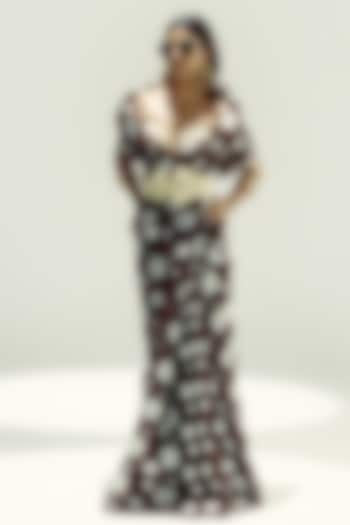 Espresso Brown & White Organza Polka Dot Handwoven Party Wear Saree Set by Ekaya at Pernia's Pop Up Shop