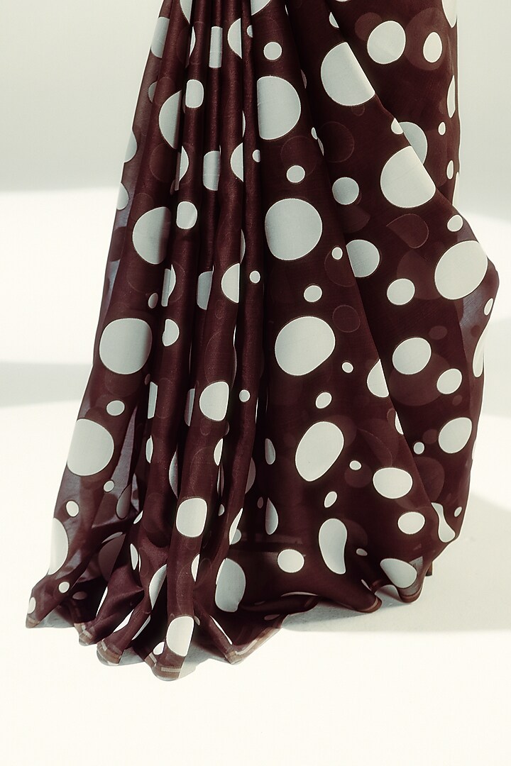 Espresso Brown & White Organza Polka Dot Handwoven Party Wear Saree Set by Ekaya at Pernia's Pop Up Shop