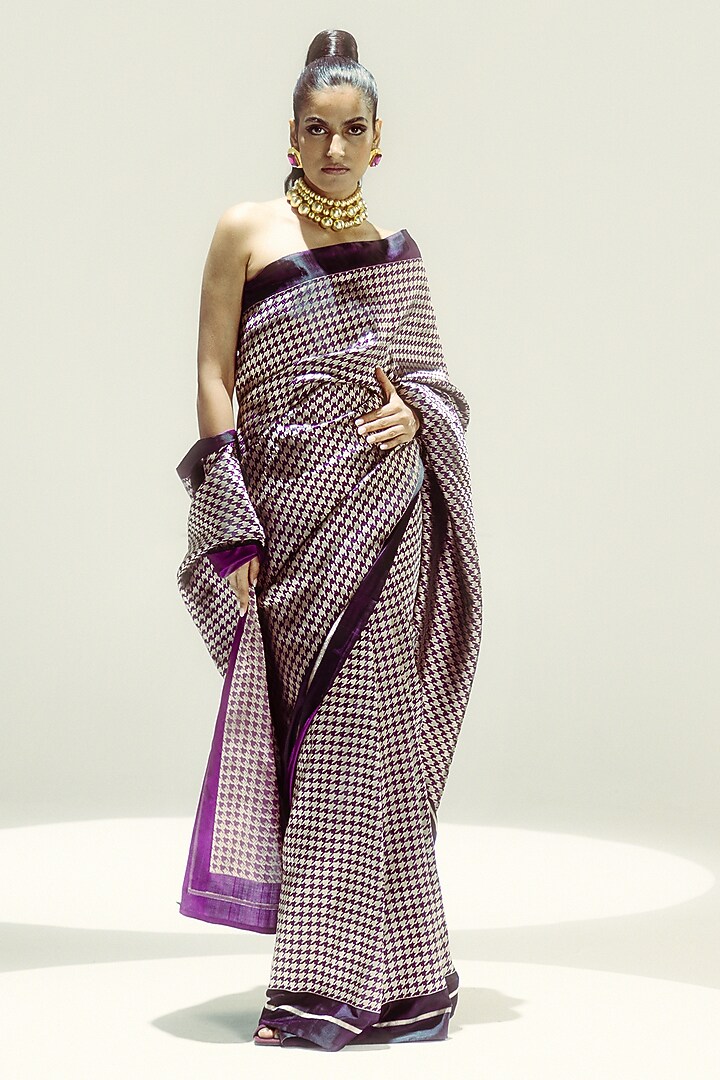 Midnight Plum & Gold Satin Silk Zari Handwoven Wedding Saree Set by Ekaya at Pernia's Pop Up Shop