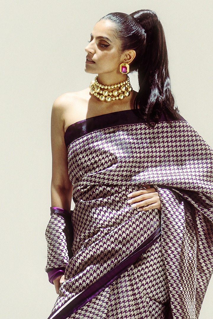 Midnight Plum & Gold Satin Silk Zari Handwoven Wedding Saree Set by Ekaya at Pernia's Pop Up Shop
