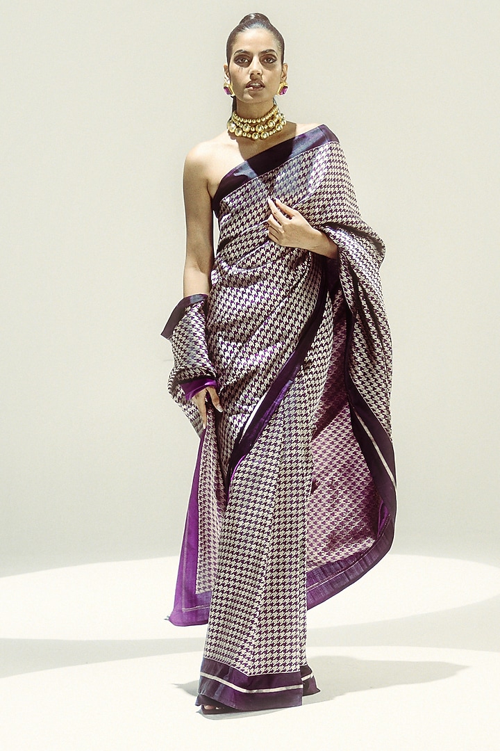 Midnight Plum & Gold Satin Silk Zari Handwoven Wedding Saree Set by Ekaya at Pernia's Pop Up Shop