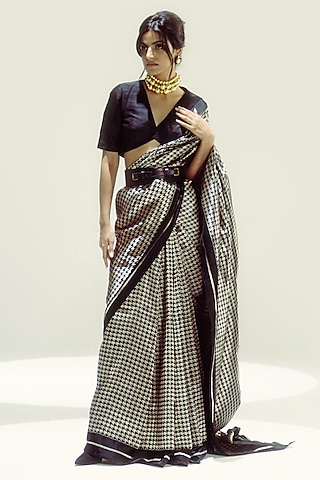 Black & Gold Satin Silk Zari Handwoven Saree Set by Ekaya