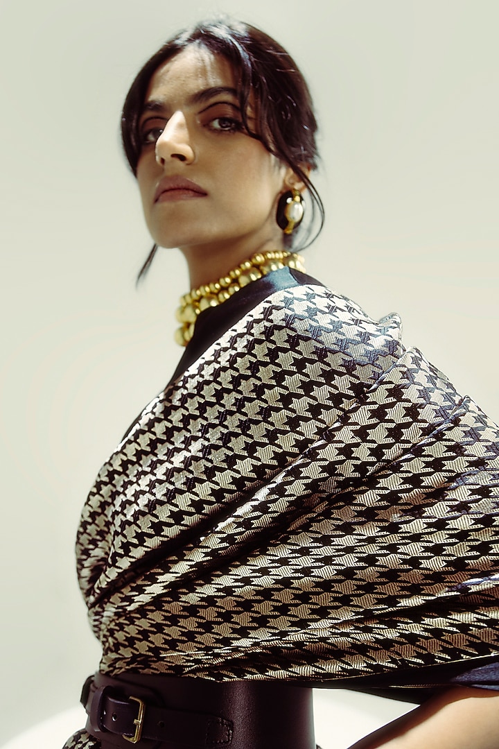 Black & Gold Satin Silk Zari Handwoven Wedding Saree Set by Ekaya at Pernia's Pop Up Shop