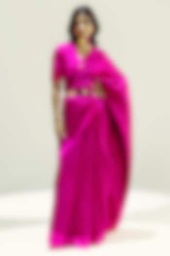 Burgundy & Pink Satin Silk Resham Handwoven Wedding Saree Set by Ekaya at Pernia's Pop Up Shop