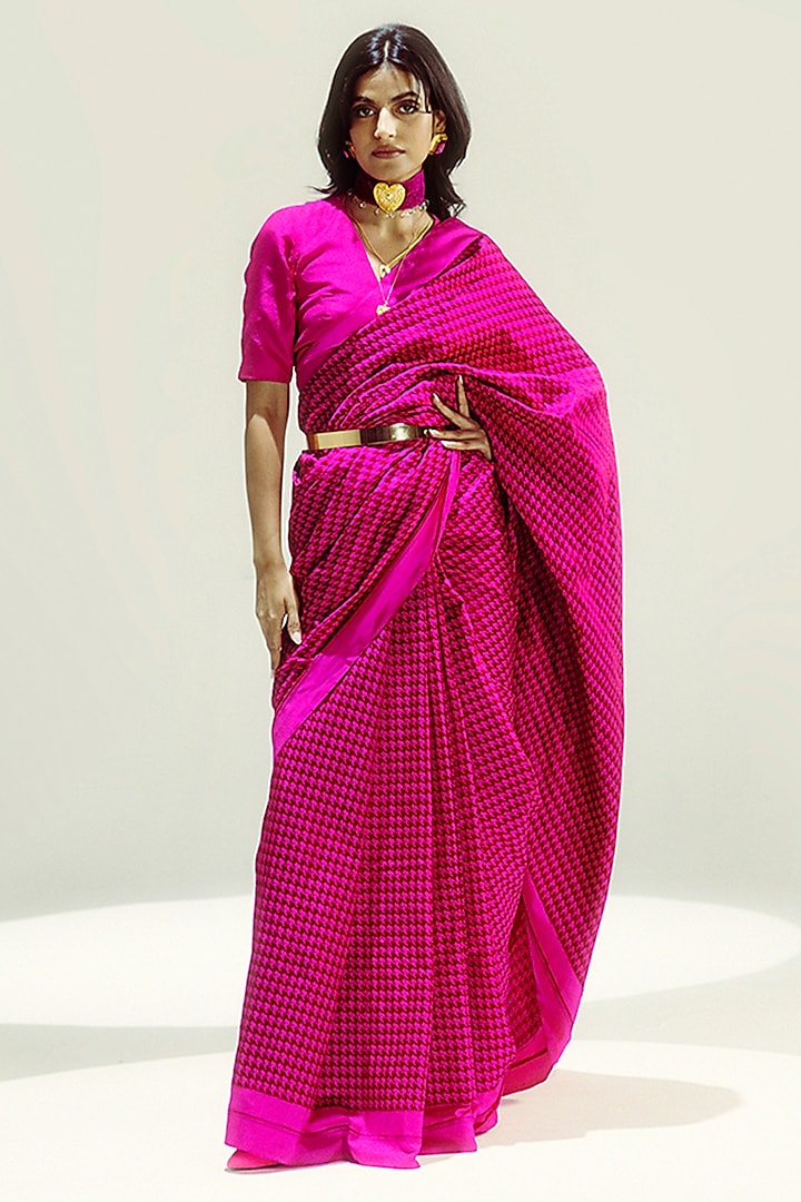 Burgundy & Pink Satin Silk Resham Handwoven Wedding Saree Set by Ekaya at Pernia's Pop Up Shop
