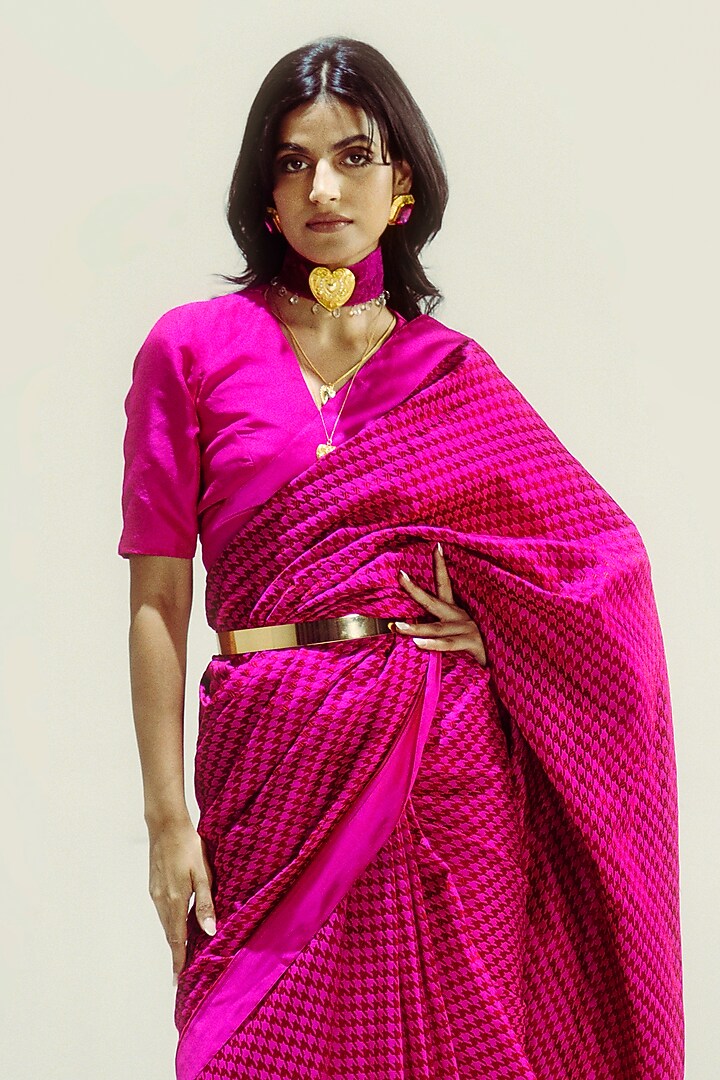 Burgundy & Pink Satin Silk Resham Handwoven Wedding Saree Set by Ekaya at Pernia's Pop Up Shop