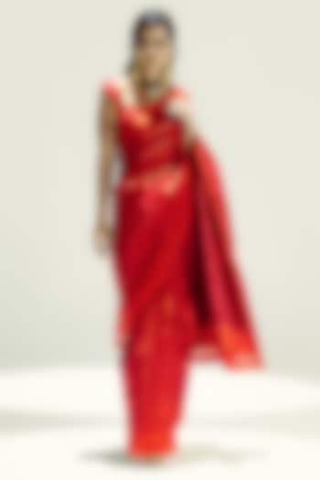 Radiant Red & Burgundy Satin Silk Resham Handwoven Wedding Saree Set by Ekaya at Pernia's Pop Up Shop