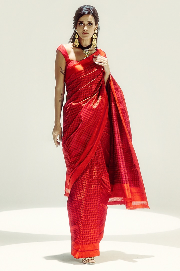 Radiant Red & Burgundy Satin Silk Resham Handwoven Wedding Saree Set by Ekaya at Pernia's Pop Up Shop
