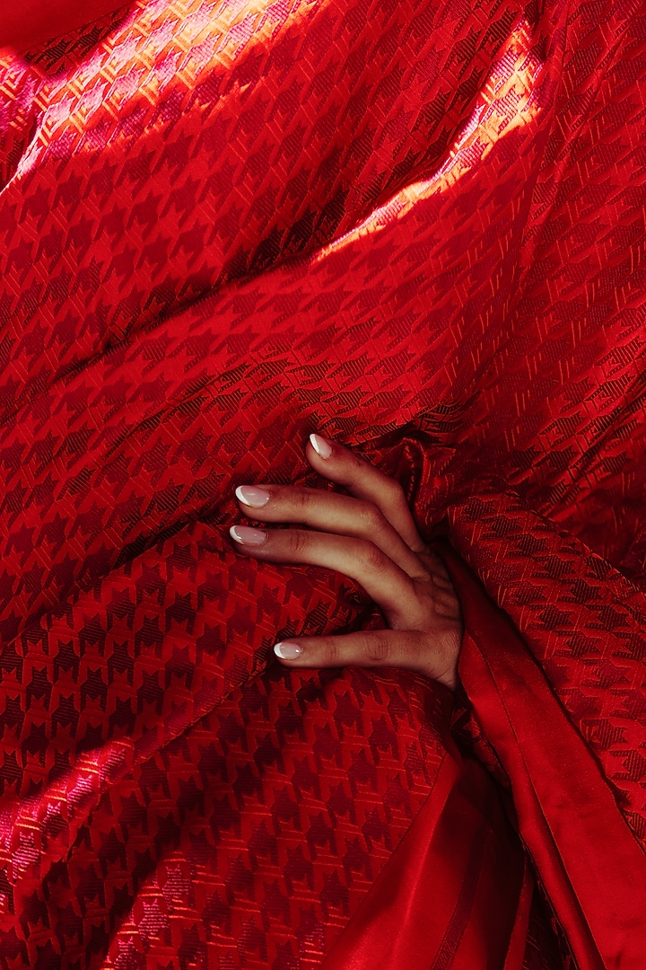 Radiant Red & Burgundy Satin Silk Resham Handwoven Wedding Saree Set by Ekaya at Pernia's Pop Up Shop