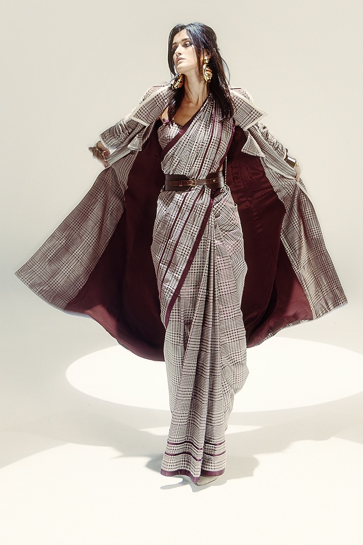 Espresso Brown & Vanilla Satin Silk Handwoven Wedding Saree Set by Ekaya at Pernia's Pop Up Shop