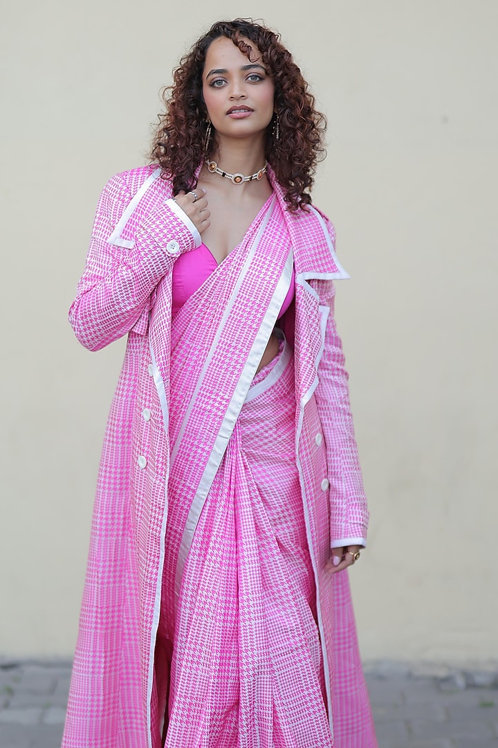 Rani Pink & White Satin Silk Handwoven Wedding Saree Set by Ekaya at Pernia's Pop Up Shop