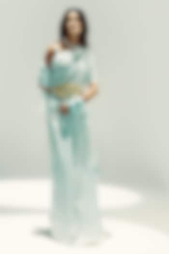 Powder Blue & White Satin Silk Handwoven Wedding Saree Set by Ekaya at Pernia's Pop Up Shop