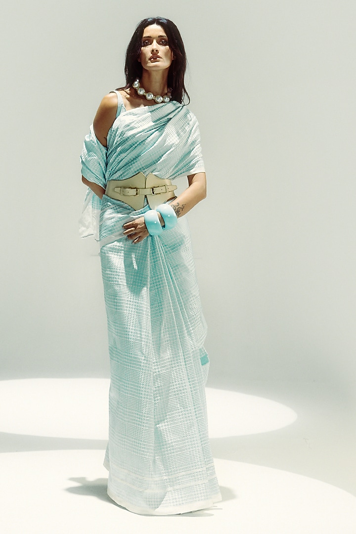 Powder Blue & White Satin Silk Handwoven Wedding Saree Set by Ekaya at Pernia's Pop Up Shop