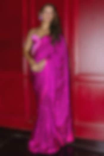 Rani Pink & Black Satin Silk Polka Dot Handwoven Wedding Saree Set by Ekaya at Pernia's Pop Up Shop