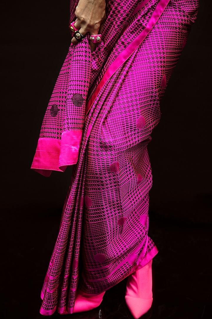Rani Pink & Black Satin Silk Polka Dot Handwoven Wedding Saree Set by Ekaya at Pernia's Pop Up Shop