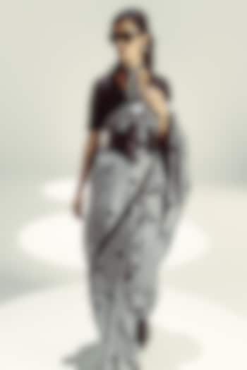 Black & White Satin Silk Polka Dot Handwoven Wedding Saree Set by Ekaya at Pernia's Pop Up Shop