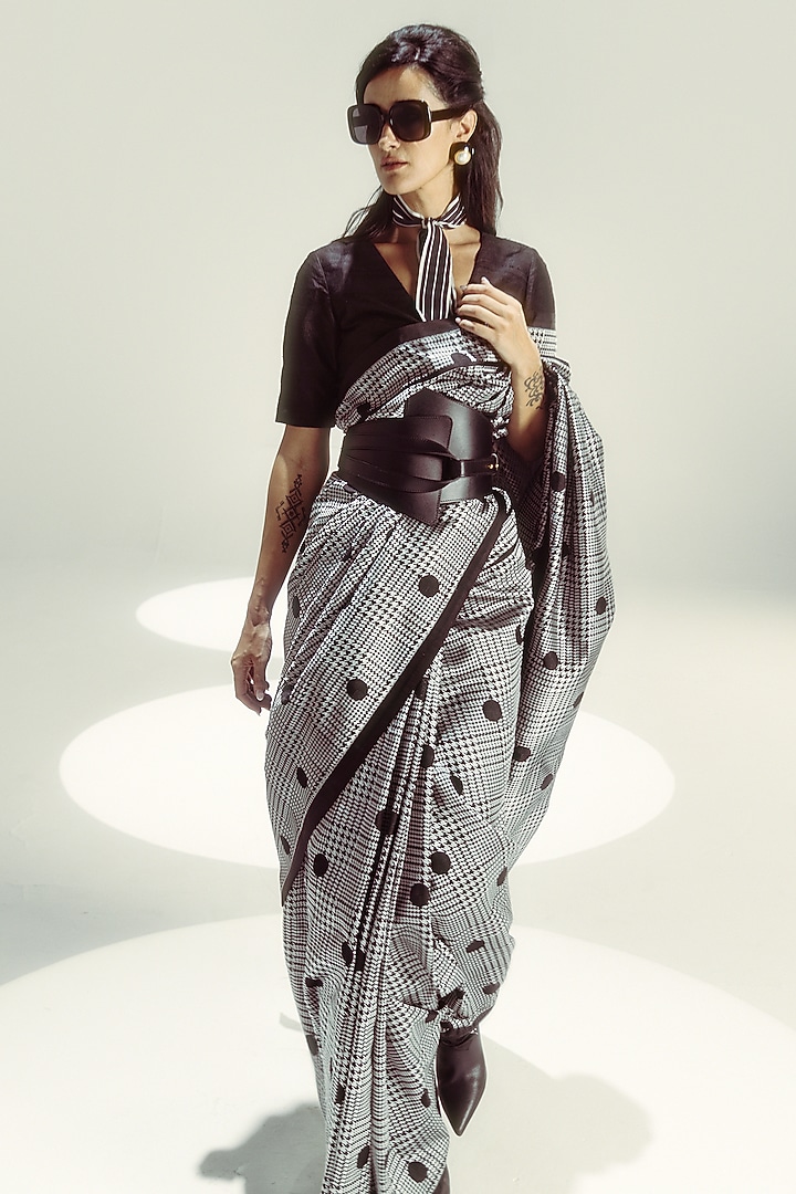 Black & White Satin Silk Polka Dot Handwoven Wedding Saree Set by Ekaya at Pernia's Pop Up Shop
