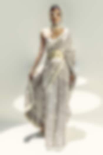 Vanilla & Espresso Brown Satin Silk Polka Dot Handwoven Wedding Saree Set by Ekaya at Pernia's Pop Up Shop