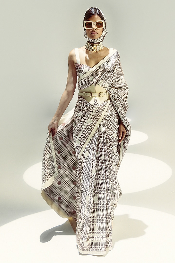 Vanilla & Espresso Brown Satin Silk Polka Dot Handwoven Wedding Saree Set by Ekaya at Pernia's Pop Up Shop