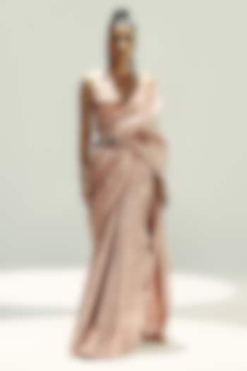 Vanilla & Old Rose Satin Silk Polka Dot Handwoven Wedding Saree Set by Ekaya at Pernia's Pop Up Shop