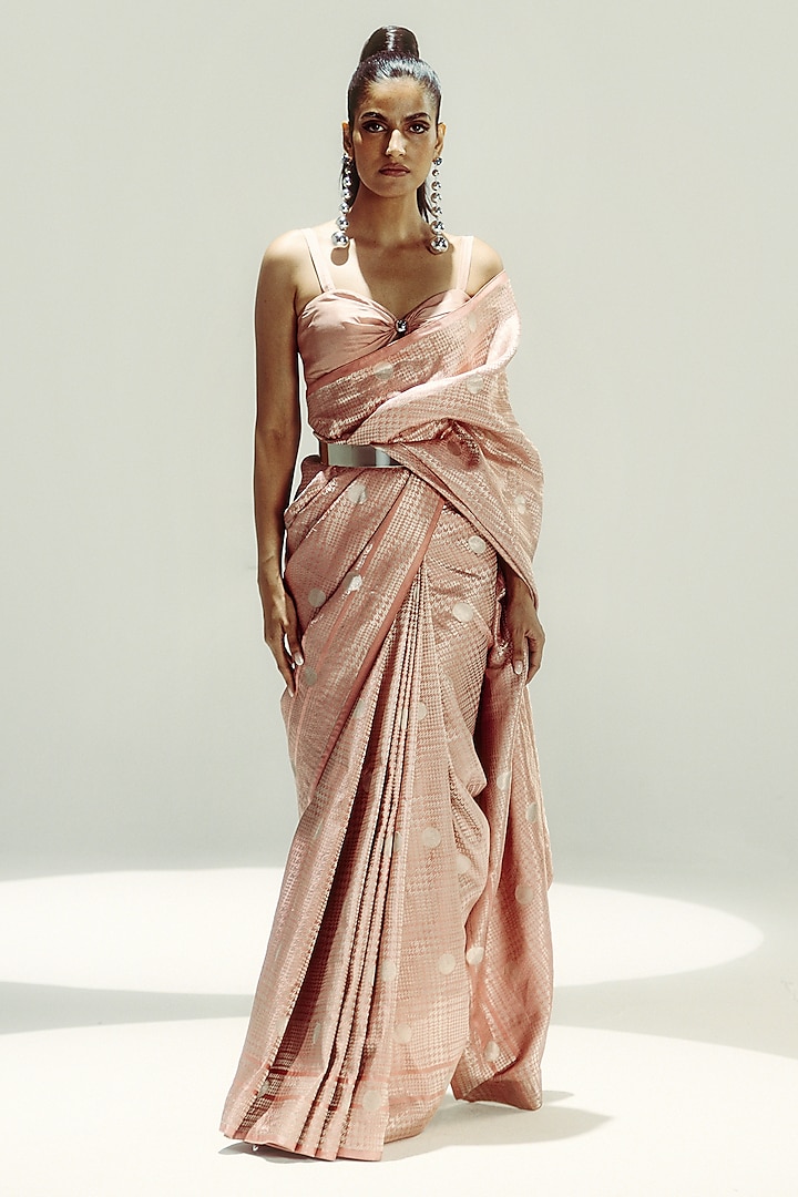 Vanilla & Old Rose Satin Silk Polka Dot Handwoven Wedding Saree Set by Ekaya at Pernia's Pop Up Shop