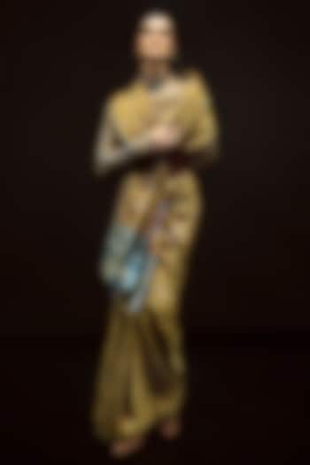 Ochre & Cobalt Blue Silk Handwoven Wedding Saree Set by Ekaya at Pernia's Pop Up Shop