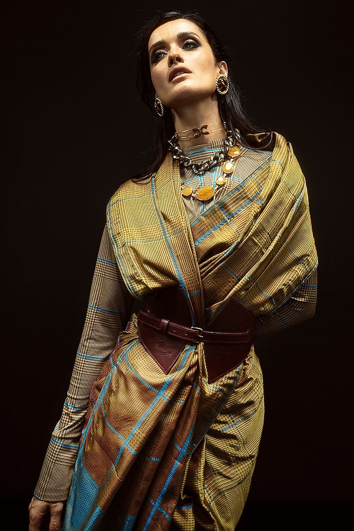 Ochre & Cobalt Blue Silk Handwoven Wedding Saree Set by Ekaya at Pernia's Pop Up Shop
