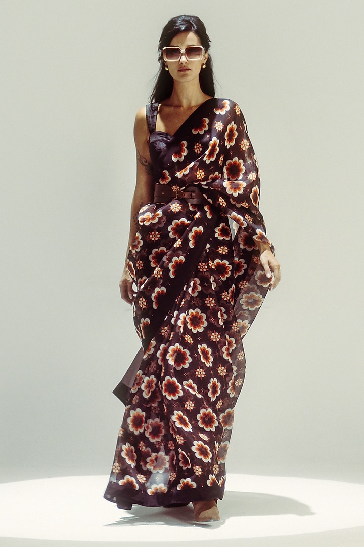 Espresso Brown Organza Floral Digital Printed Party Wear Saree Set by Ekaya at Pernia's Pop Up Shop