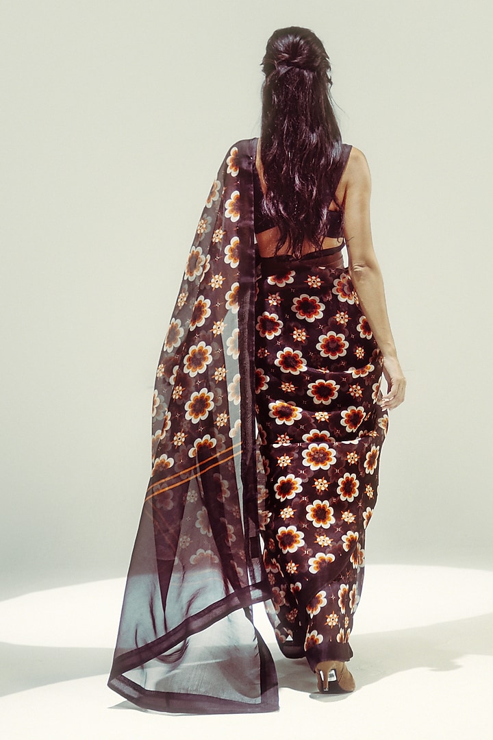 Espresso Brown Organza Floral Digital Printed Party Wear Saree Set by Ekaya at Pernia's Pop Up Shop