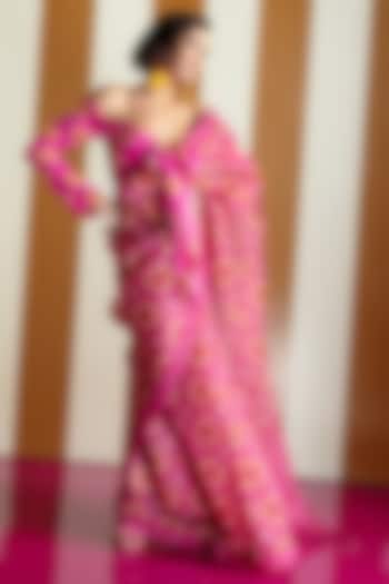 Rani Pink Organza Floral Digital Printed Party Wear Saree Set by Ekaya at Pernia's Pop Up Shop