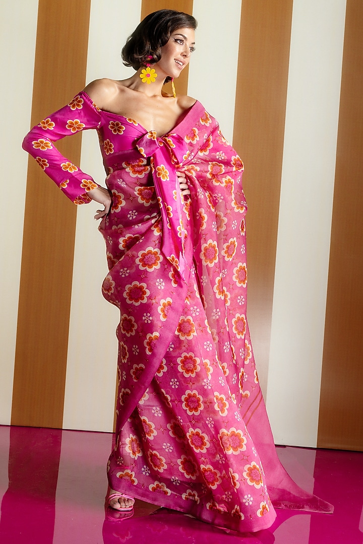 Rani Pink Organza Floral Digital Printed Party Wear Saree Set by Ekaya at Pernia's Pop Up Shop