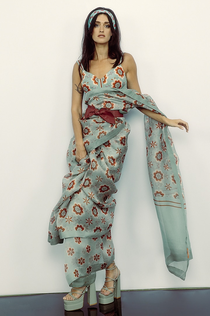 Teal Organza Floral Digital Printed Party Wear Saree Set by Ekaya at Pernia's Pop Up Shop