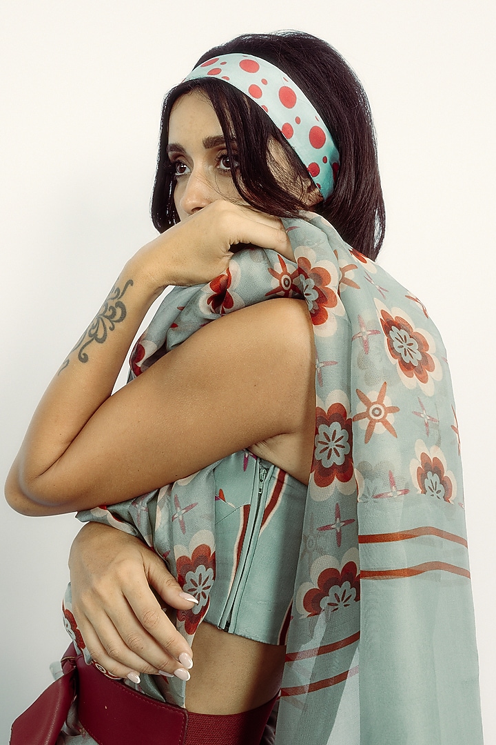 Teal Organza Floral Digital Printed Party Wear Saree Set by Ekaya at Pernia's Pop Up Shop