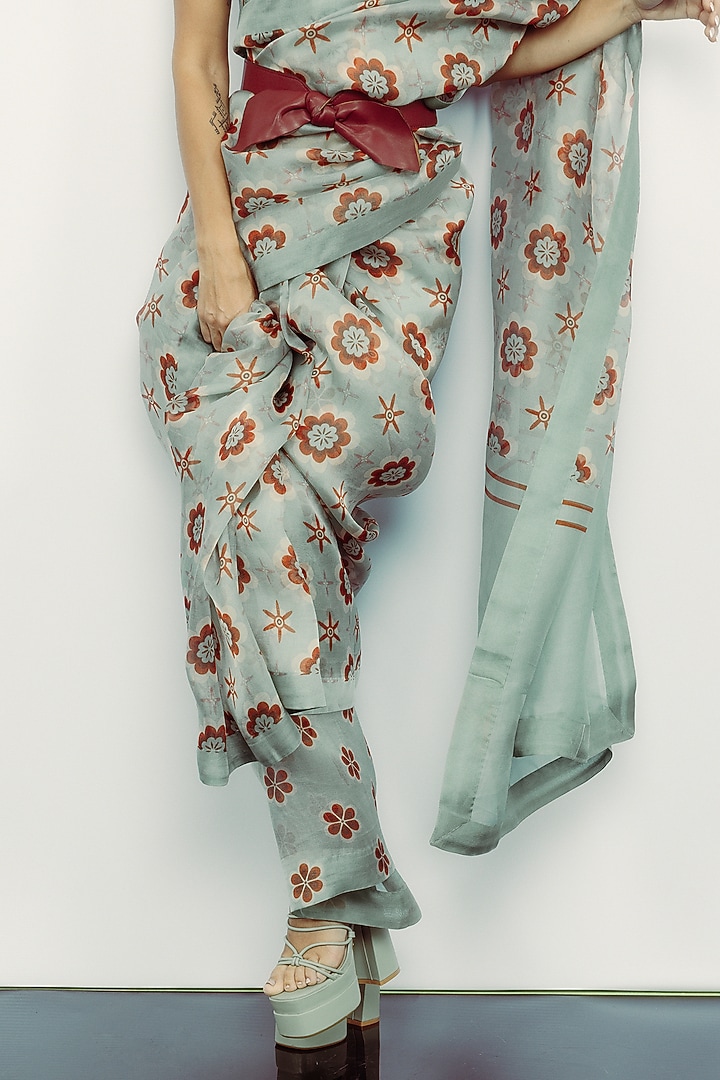 Teal Organza Floral Digital Printed Party Wear Saree Set by Ekaya at Pernia's Pop Up Shop