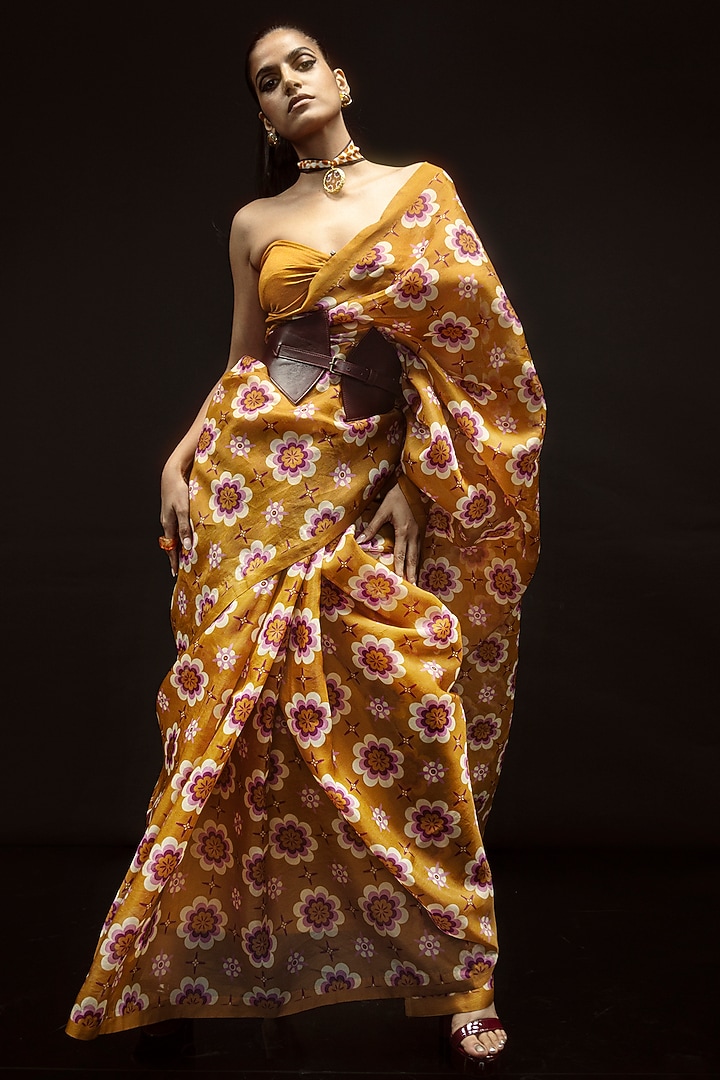 Ochre Organza Floral Digital Printed Party Wear Saree Set by Ekaya at Pernia's Pop Up Shop