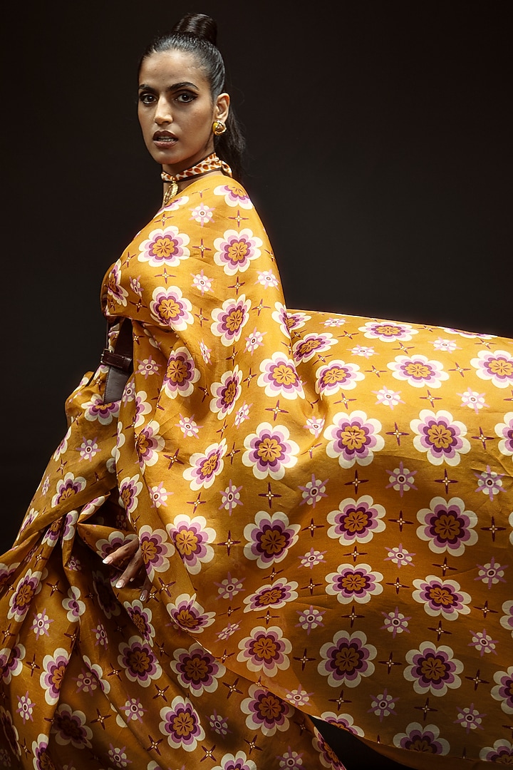 Ochre Organza Floral Digital Printed Party Wear Saree Set by Ekaya at Pernia's Pop Up Shop