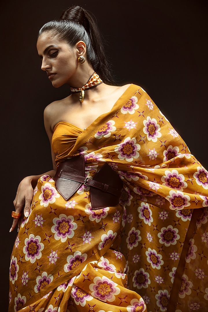 Ochre Organza Floral Digital Printed Party Wear Saree Set by Ekaya at Pernia's Pop Up Shop