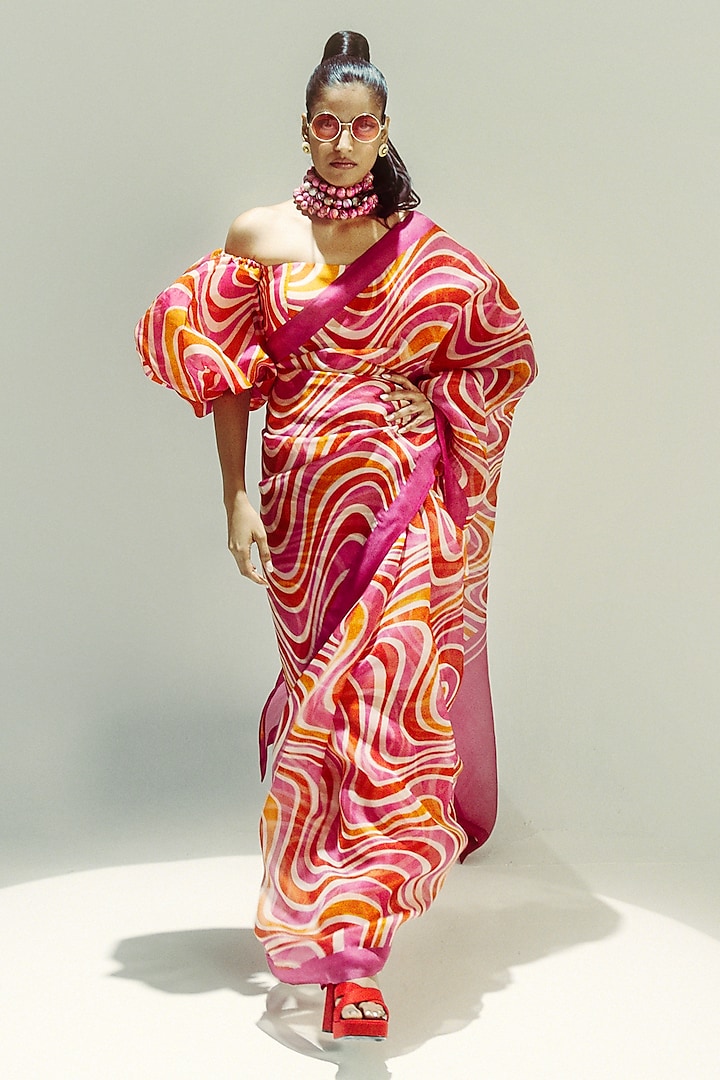 Rani Pink Organza Digital Printed Party Wear Saree Set by Ekaya at Pernia's Pop Up Shop