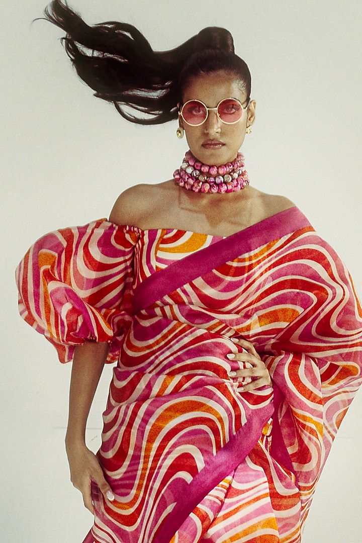 Rani Pink Organza Digital Printed Party Wear Saree Set by Ekaya at Pernia's Pop Up Shop