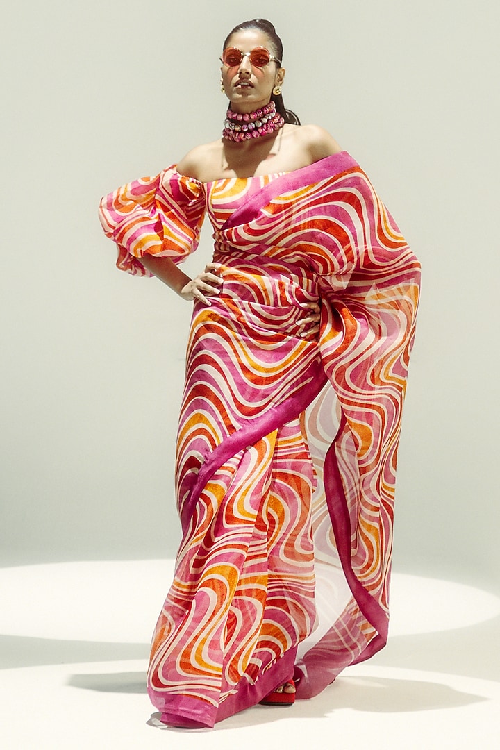 Rani Pink Organza Digital Printed Party Wear Saree Set by Ekaya at Pernia's Pop Up Shop