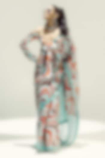 Teal Organza Digital Printed Party Wear Saree Set by Ekaya at Pernia's Pop Up Shop