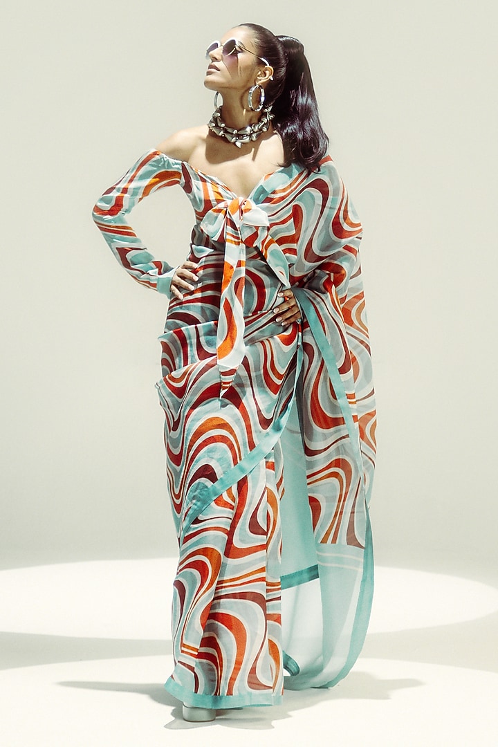 Teal Organza Digital Printed Party Wear Saree Set by Ekaya at Pernia's Pop Up Shop